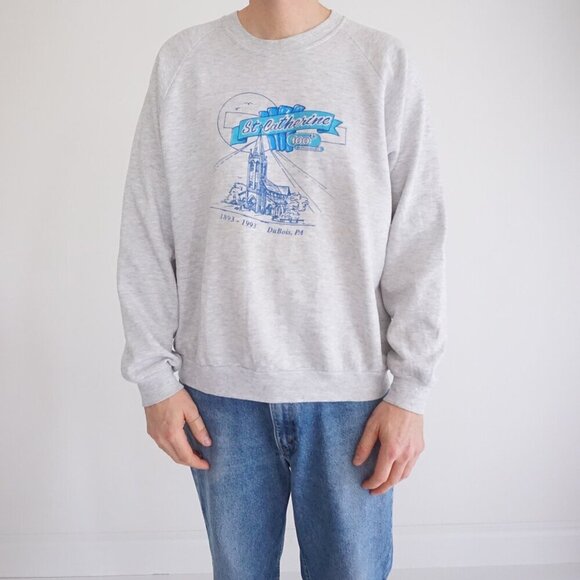 Vintage '93 Jerzees Gray St Catherine Dubois Church Travel Crewneck Sweater XL - Picture 1 of 11